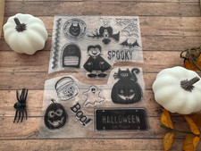 Halloween Clear Stamp Set Pumpkins, Ghost, Vampire, Cat, Spiderweb, Sentiments