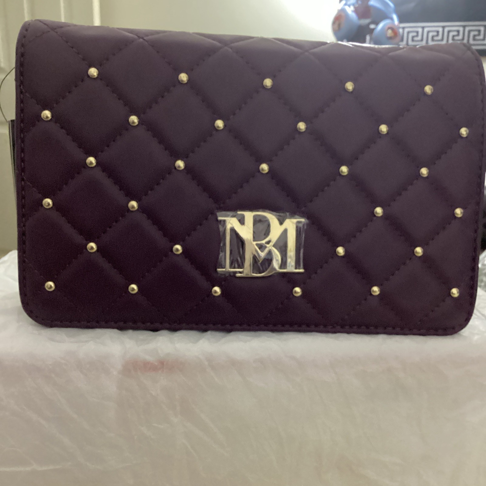 Badgley Mischka Plum Quilted Studded Crossbody Bag Magnetic Gold Chain Strap