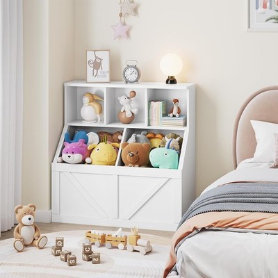Kids Bookcase with Bins&Shelves,White Multi-Functional Toy Organizer for Bedroom