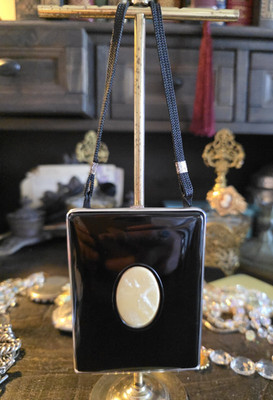 Mondaine Vintage Black Compact Monogram MVF.  Mirror Powder Rouge 1930s
