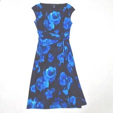 Chaps Sheath Dress Womens Small Blue Black Floral Watercolor Faux Wrap Classic