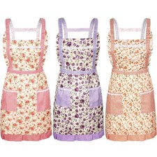 3 Pieces Women Floral Aprons with Pockets Vintage Flower Kitchen Cooking Apro...
