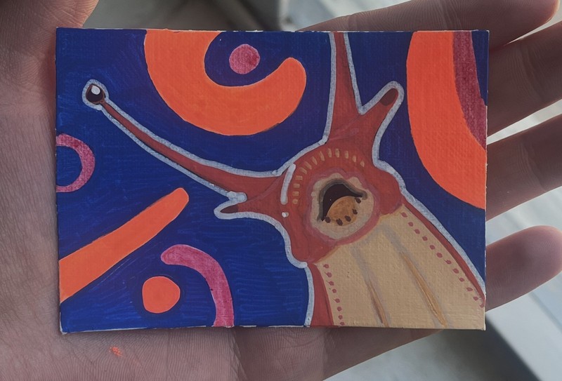 ACEO Original Snail Face Orange Slug Acrylic Marker Art Cards NovaGale 2.5x3.5