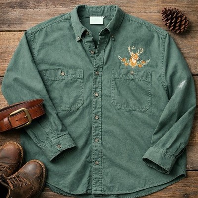 USA Made Deer Embroidered Button Down Shirt Mens 2XL Green Hunting Outdoors 