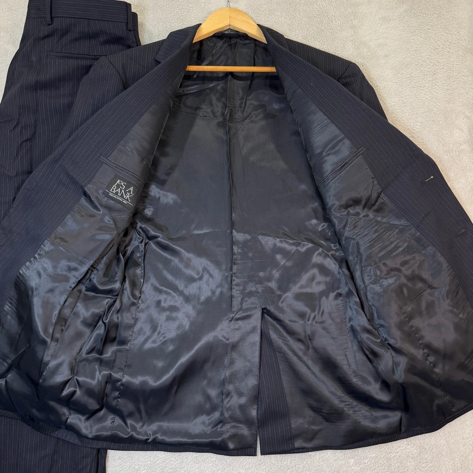 Jos A Bank Hombres 42R Azul Marino Rayas Lana Traje Chaqueta Pantalón 35x29 Informal Preppy Usado en Excelente Condición Foto 4 de 4