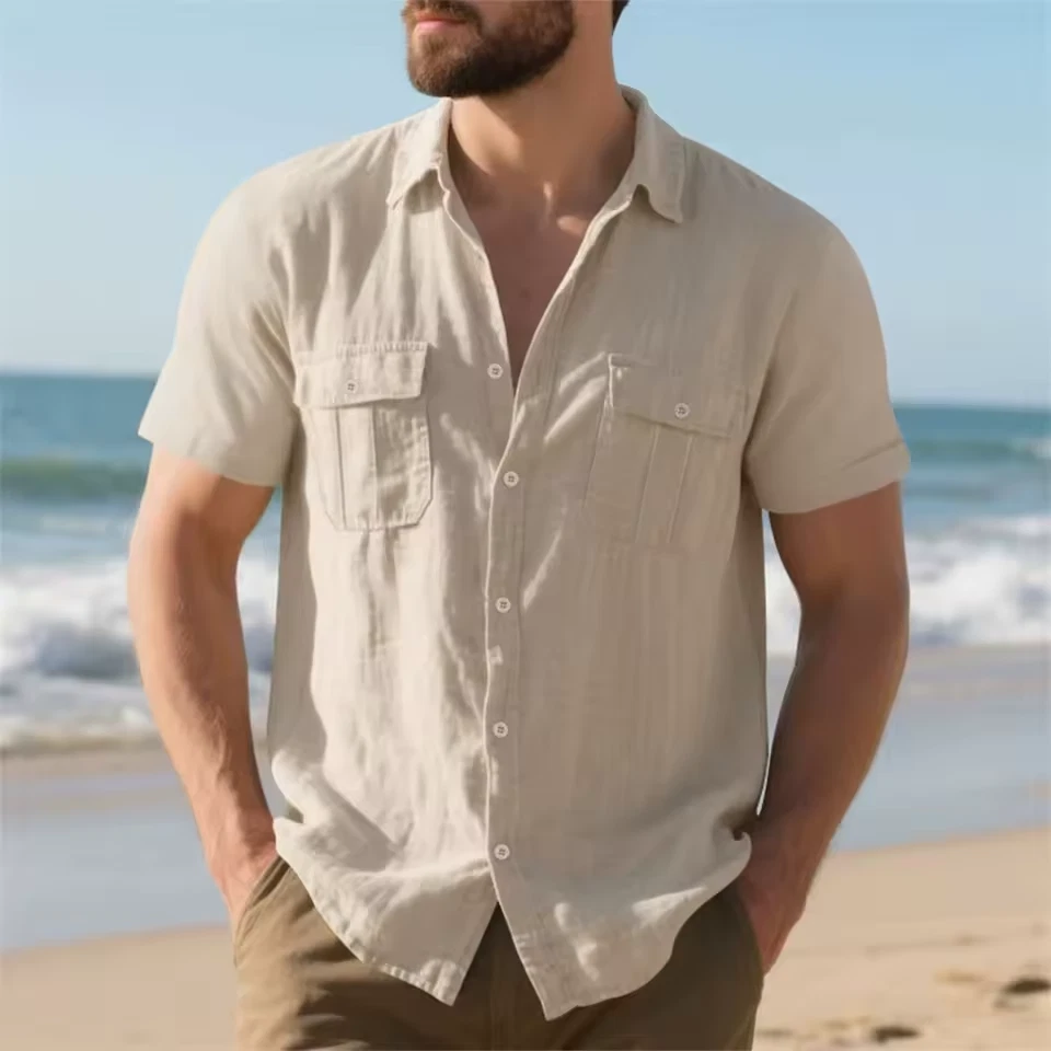 Men's Cotton Linen Short Sleeve Shirt - Casual Beach Style, Plus Size