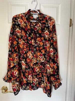 Ulla Popken Womens 24/26 Plus Size Blouse Long Sleeve Button Up Ruffles Artsy