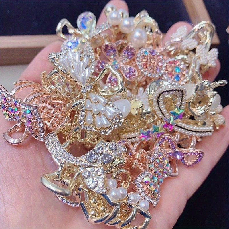 10Pcs Random Sparkly Rhinestone Pearl Claw Clips Assorted Hair Clamps for Women - Image 3 of 4