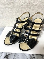 Chanel 16P CC Black Satin Heels Sandals Shoes Ribbon Motif Size 36C USED Auth