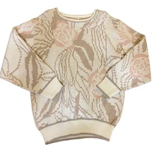 Vintage Knitmakers Floral Pattern Sweater With Ribbed Hem & Cuffs Beige Pink Ton
