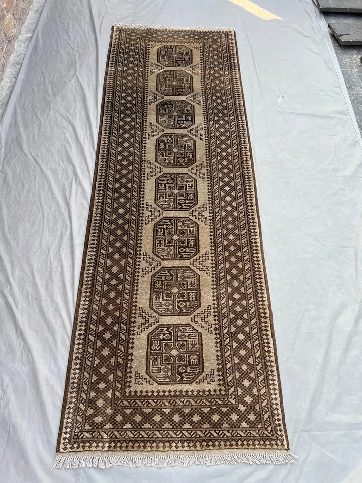 3x9.2 ft Vintage Bokhara Runner Rug Turkoman Faded Terracotta Wool Hallway Rug - Image 2 of 4