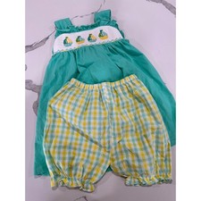 Kids Smocked Sailor Boat Dress Shorts Set Teal Gingham Size 5
