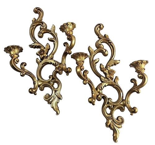 Set 2 Vtg Syroco Double Arm Candle Wall Sconces Ornate Gold Tone Hollywood READ
