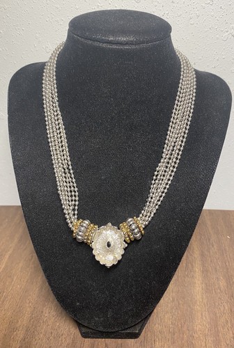 VTG Cookie Lee Necklace Silver Tone Multi Strand Black Faceted Lucite Center - Picture 15 of 15
