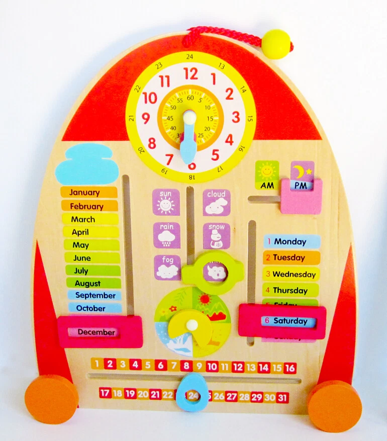 Educational Wood Calendar with Clock, Weather Seasons Days Months -  Learning Toy | eBay