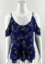Sienna Sky Cold Shoulder Top Sz M Blue Yellow Pink Floral Ruffle Hem Stitch Fix