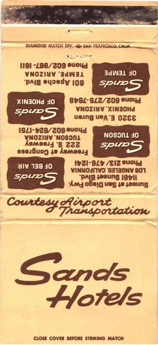 Sands Hotels, Sands of Tucson, Sands of Bel Air, Vintage Streichholzschachtelhülle