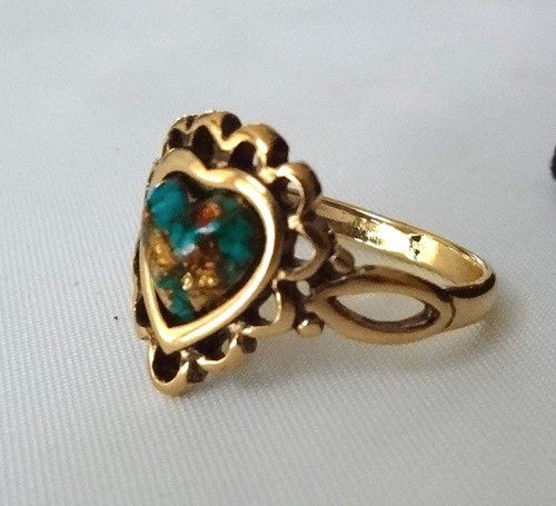 Gold Nickel Ring with Blue Turquoise, Silver, Gold, Copper Flecks, Size 7-1/4 - Picture 3 of 5
