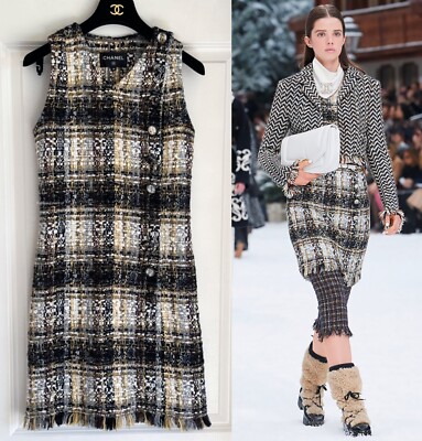 $7150 CHANEL 19A RUNWAY MULTICOLOR TWEED FRINGE TRIM DRESS 38