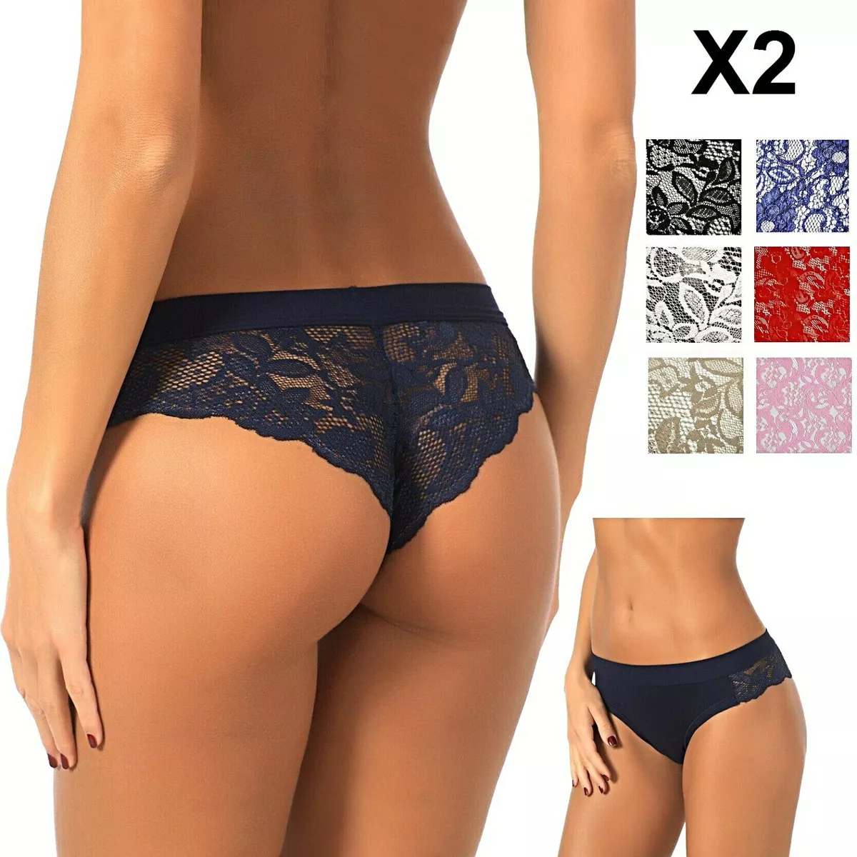 2 Slip Brasiliana Intimo Donna Mutande Vita Bassa Viscosa in Pizzo  Elasticizzato