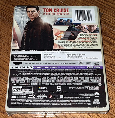 Jack Reacher Never Go Back 2-Discs 4k Bluray USA Steelbook Limited Edition NEW - Picture 2 of 3