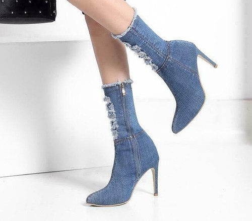Women Casual Denim Zipper Boots Stiletto High Heels Lady Casual Cowboy Shoes - Picture 11 of 11