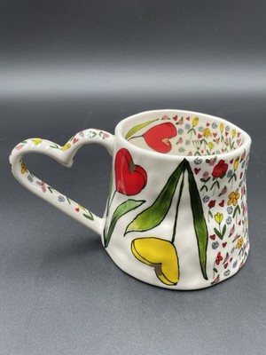 Anthropologie The Mud Fairy Blooming Hearts Stoneware Mug White