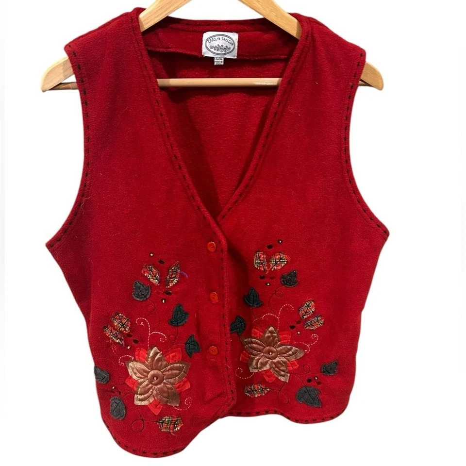 Carolyn Taylor Vintage Christmas Vest Fleece Red XL Holiday Ugly Sweater Button - Image 3 of 4