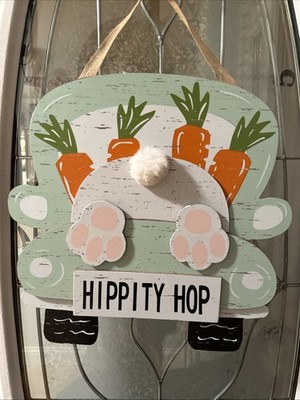 Spring Easter Bunny Sign Hippity Hop Truck Door Hanger Spring Decor 16 x16 