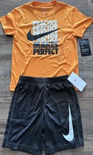NWT Nike Little Boys 7 Light Orange/Dark Gray/White Dri-Fit Shorts Set 7