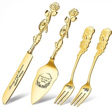 4 PCS Wedding Cake Knife Server Set Gold Engraved Mr And Mrs Wedding Gifts