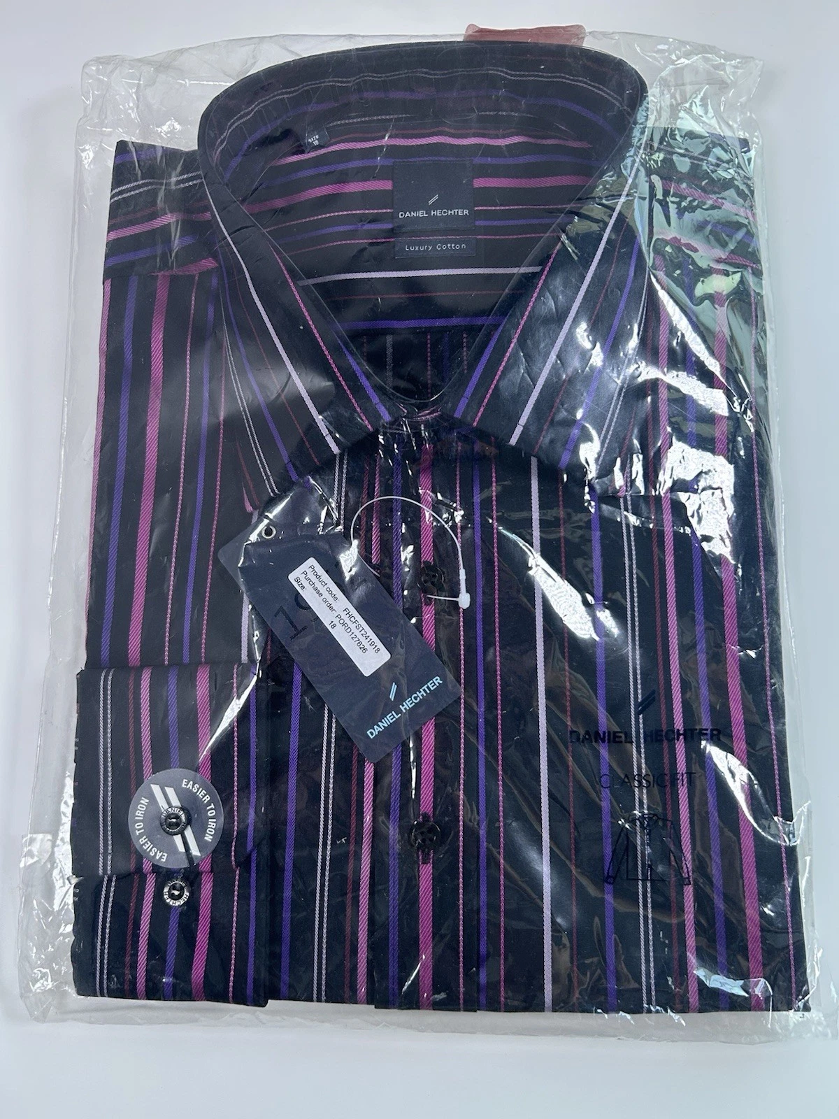 Daniel hechter Mens Luxury Cotton Shirt XL/18 Neck. Black & Pink/purple Stripes.
