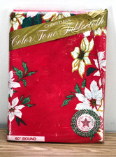 Vintage 1970's Christmas Color Tone Poinsettia Tablecloth 60" Round-Made in USA