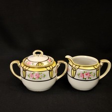 Nippon M-in-Wreath Creamer Sugar w/Lid Pink Roses Art Deco HandPainted 1911-1918