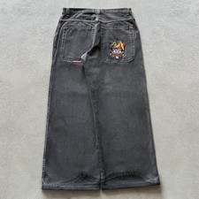 Vintage JNCO Jeans Jester Clown Embroidered Black Baggy Jeans 36x32