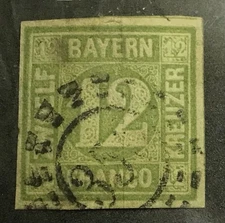 Bavaria #13 Used, 1862 12 kr Yellow Green,  Scott Catalog Value $ 70.00