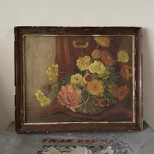 Vintage Naive Floral Still Life Original Primitive Painting Bouquet 16”x20”