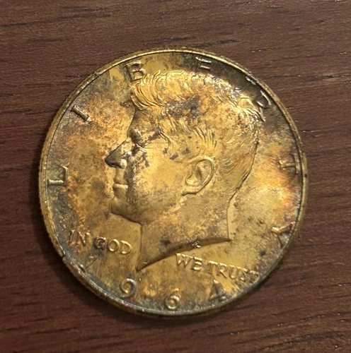 1964 Silver Kennedy Half Dollar MS Condition. Nice gold & Rainbow Color OBV/REV