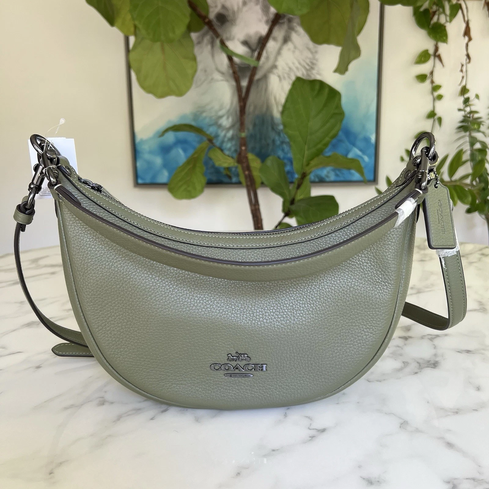 Borsa a tracolla Coach Aria nuova con etichette verde militare pelle ciottoli CO996 $378