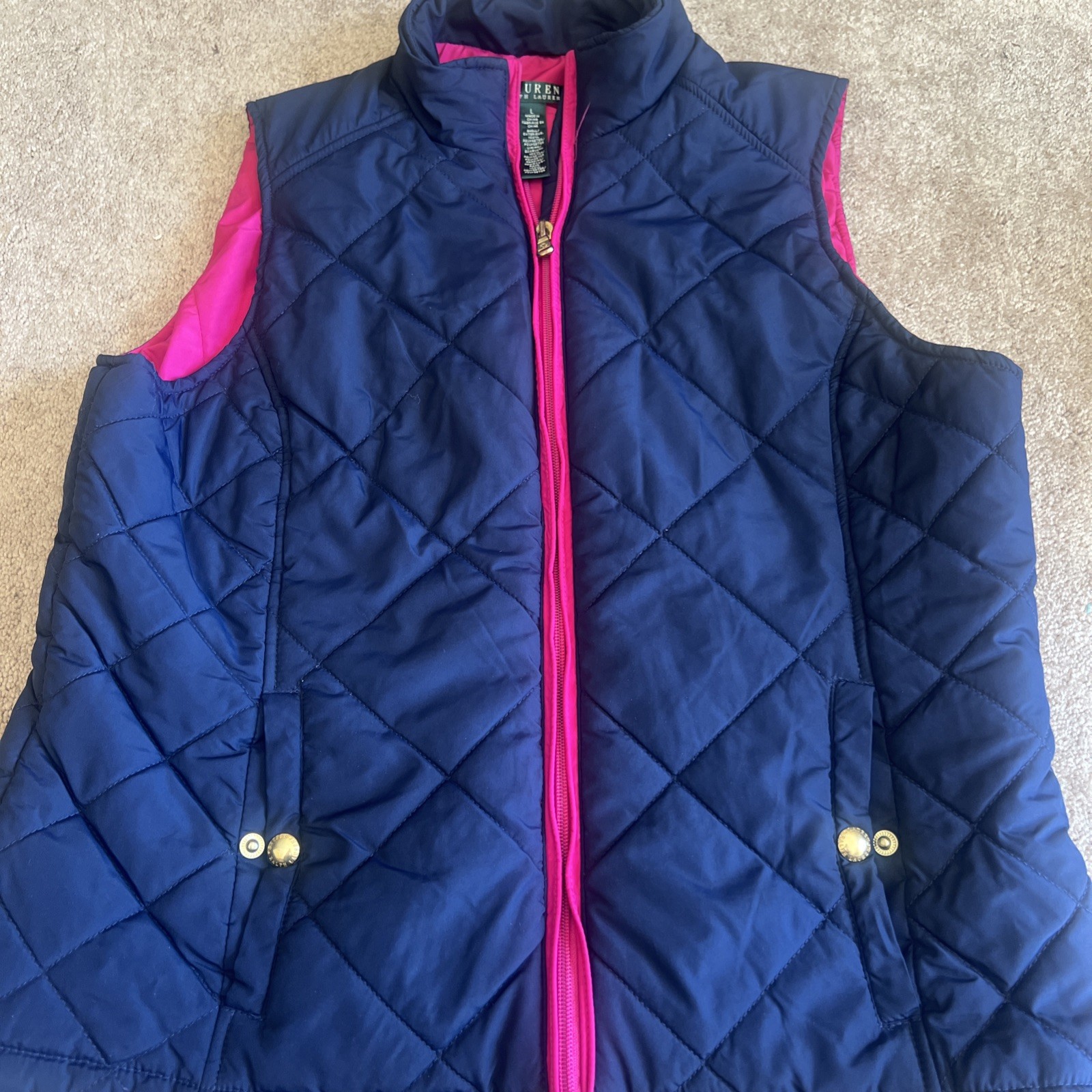 Lauren Ralph Lauren Puffer Quilted Vest Women L Blue Full Zip Side Pocket Casual