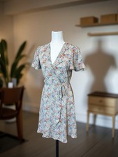 Monteau Los Angeles Womens Floral V-Neck Wrap Dress XS Short Sleeves Mid-Length