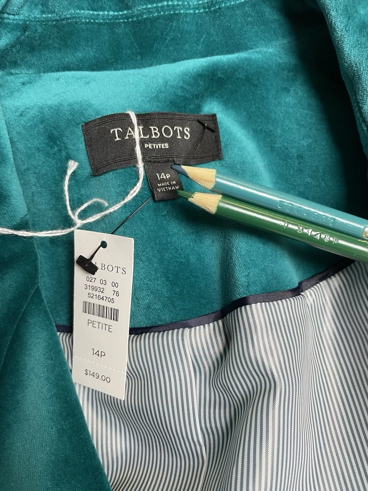NUEVO $149 Blazer Talbots Talla 14P Chaqueta Azul Verde Mezcla de Algodón Bolsillos de Terciopelo Foto 2 de 4