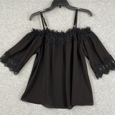 BCX Top Womens Sz L Black Sheer Chiffon Lace Trim 3/4 Sleeve Whimsigoth