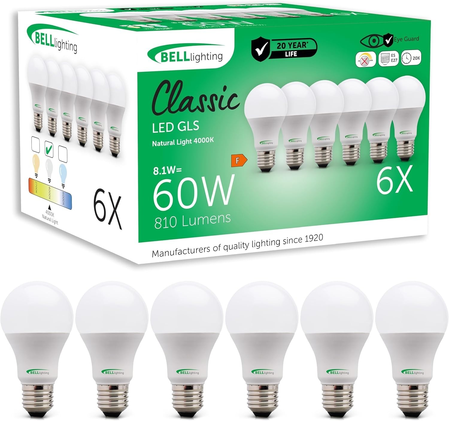 Bell Lighting E27 Edison LED Gls Bulbs Natural White 8.1w 810lm Pack Of 6