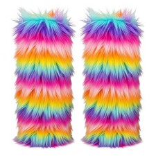 Womens Furry Leg Warmers, Vibrant Stylish Fluffy Booot Cuffs Large Rainbow