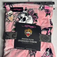 Ed Hardy Tattoo Printed Plush Oversized Throw Blanket Pink Skull Roses 60x70 NWT