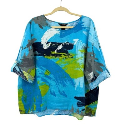 Ali Miles Top Petite XL Linen Cotton Abstract Boxy 3/4 Sleeve Blouse Lagenlook