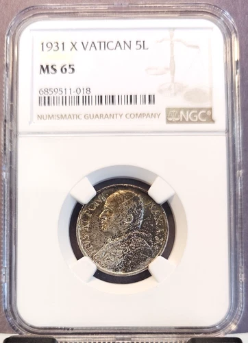 1931 VATICAN SILVER 5 LIRE POPE PIUS XI NGC MS 65 BEAUTIFUL TONING RARE TOP POP