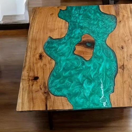 24" Green Epoxy Resin Center Coffee Table Natural Acacia Wooden Live Edge Decors - Picture 3 of 7