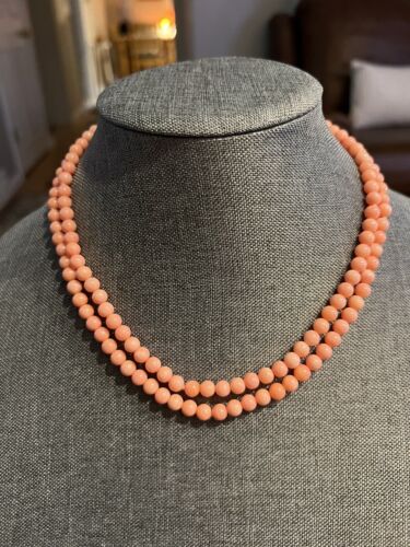 Salmon Coral 2 Strands & 925 Sterling Silver Bamboo Beaded Beautiful Necklace. - Afbeelding 1 van 18